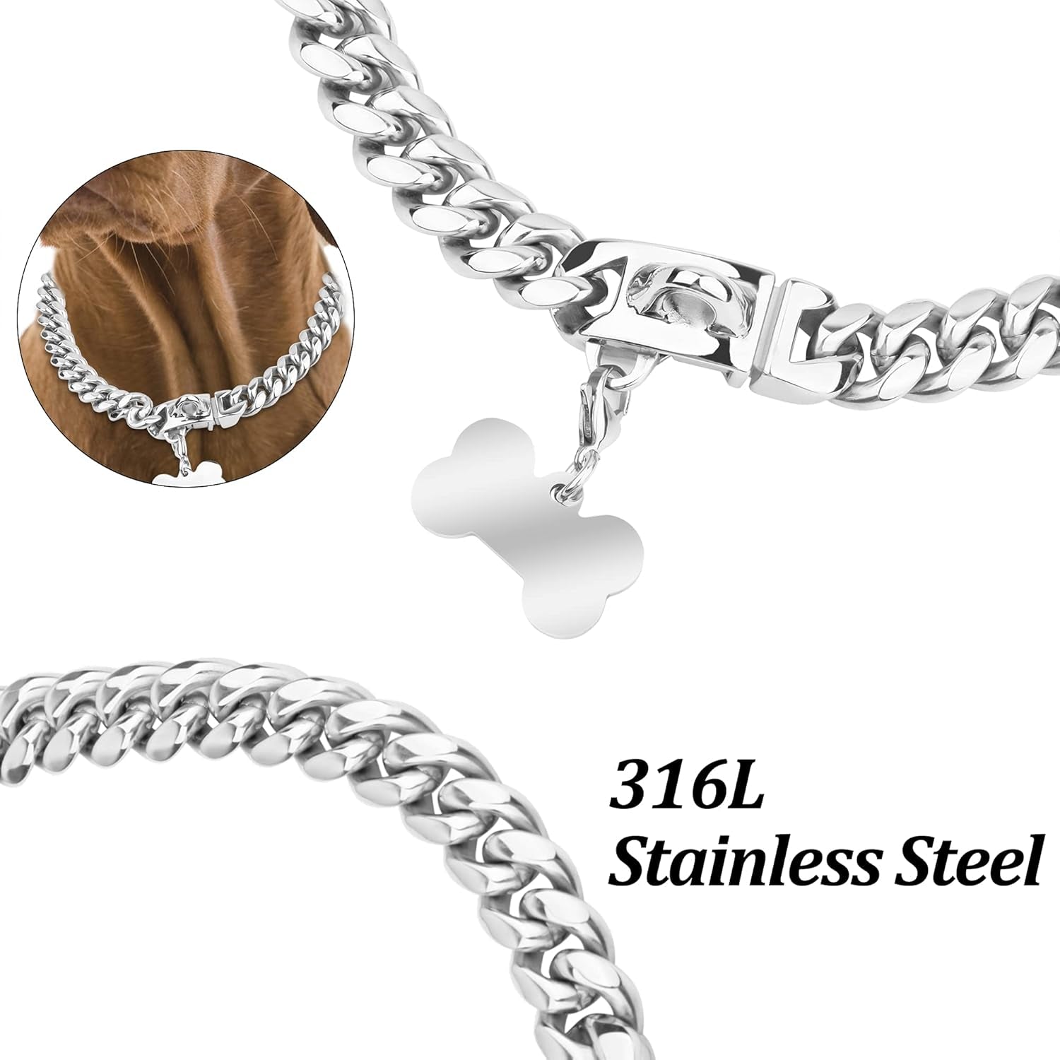 Dog Chain Collar,10 Inch Dog Collar with Secure Buckle Strong Heavy Duty Slip Collar for Small Dogs - Silver