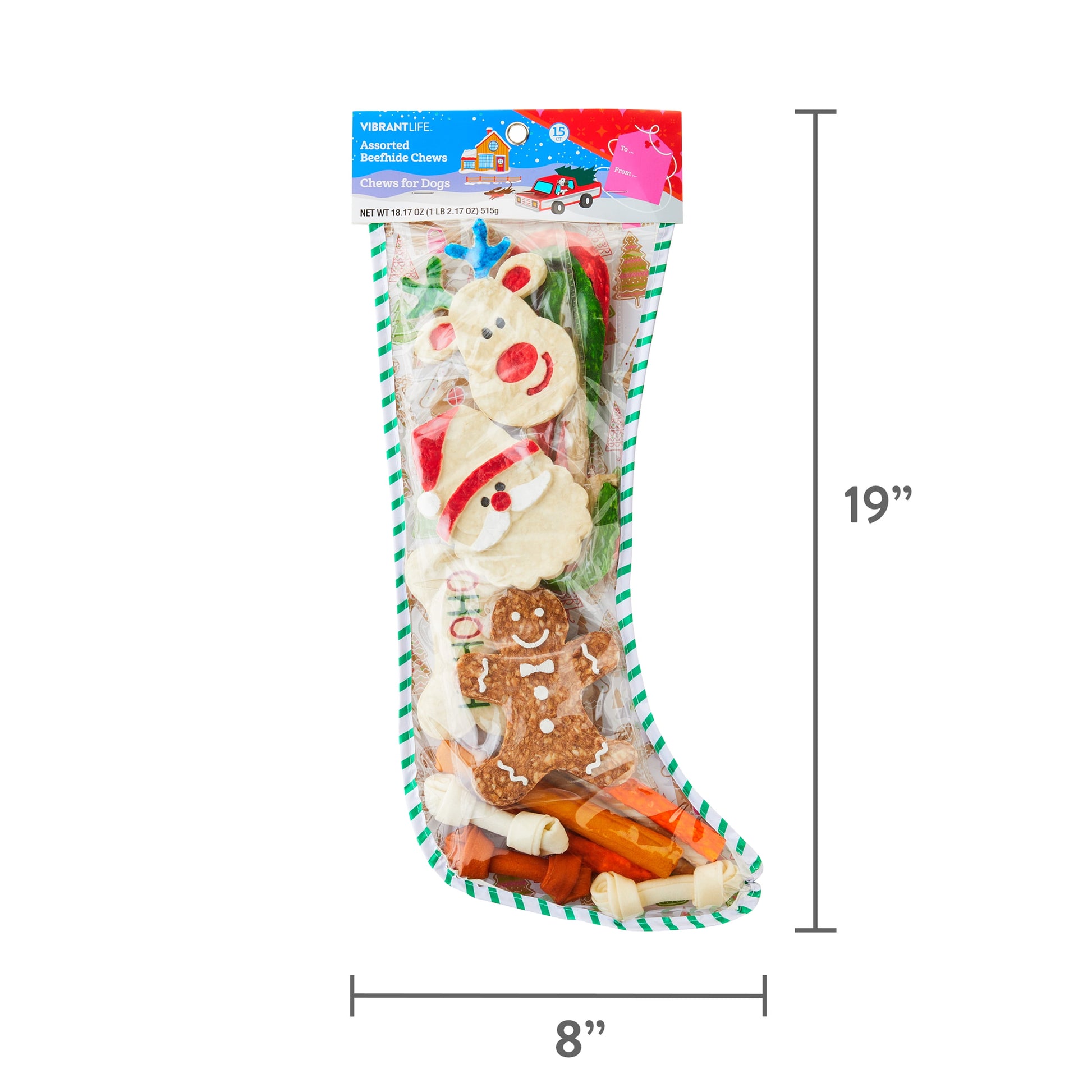 Stocking with Assorted Rawhide Chews, Holiday Treats for Dogs, Dry, 18.17 Oz, 15 Count