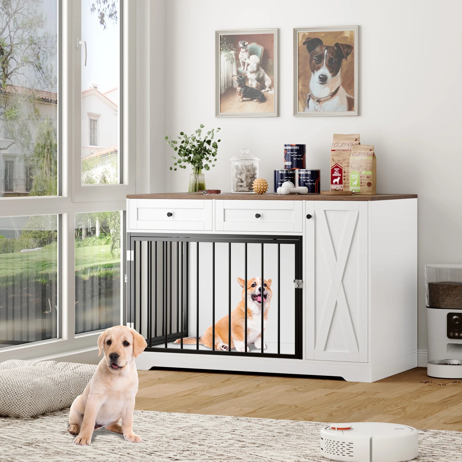 Dog Crate with Storage Cabinet and 2 Drawers, Indoor Furniture Style Wooden Large Dog Kennel, White