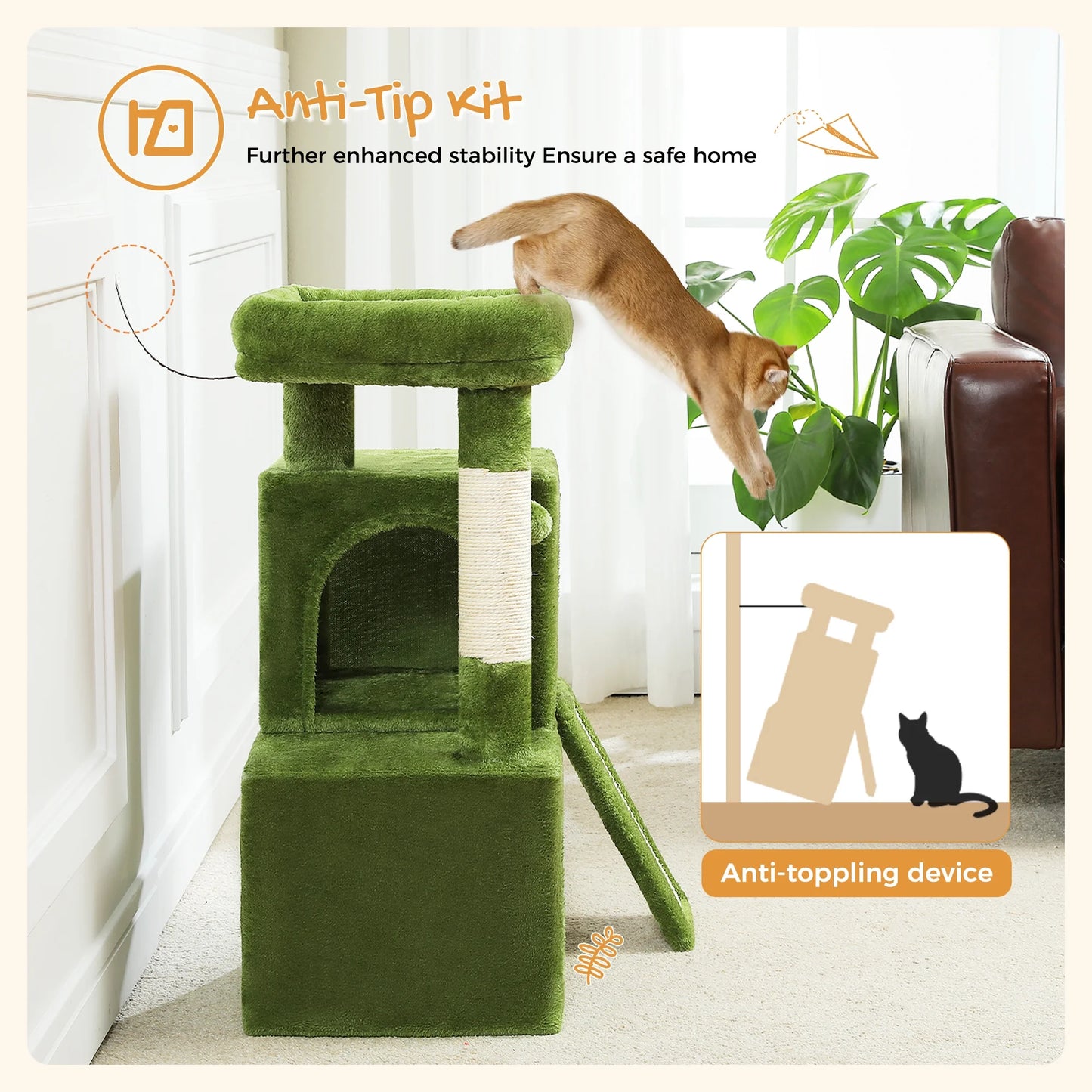 30" Cat Tree Condo with Cat Scratcing Post Tower Ramp for Indoor Cats,Green