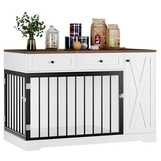 Dog Crate with Storage Cabinet and 2 Drawers, Indoor Furniture Style Wooden Large Dog Kennel, White