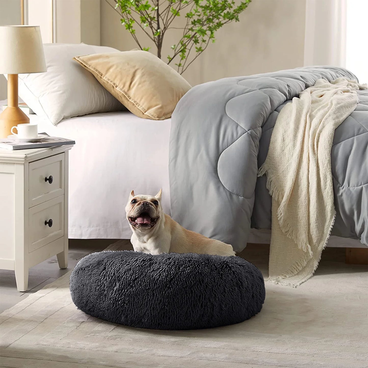 Calming Donut Dog Bed Anti-Anxiety, Self Warming, Cozy Soft Plush round Pet Bed, Ideal for Both Home & Travel, 30"L X 30"W X 8"H